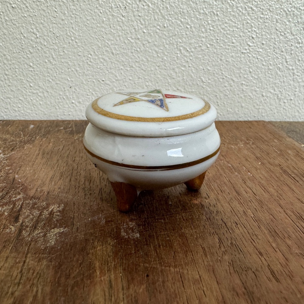 Order‎ of Eastern Star Masonic Trinket Pill Box Porcelain Tripod Footed Decor